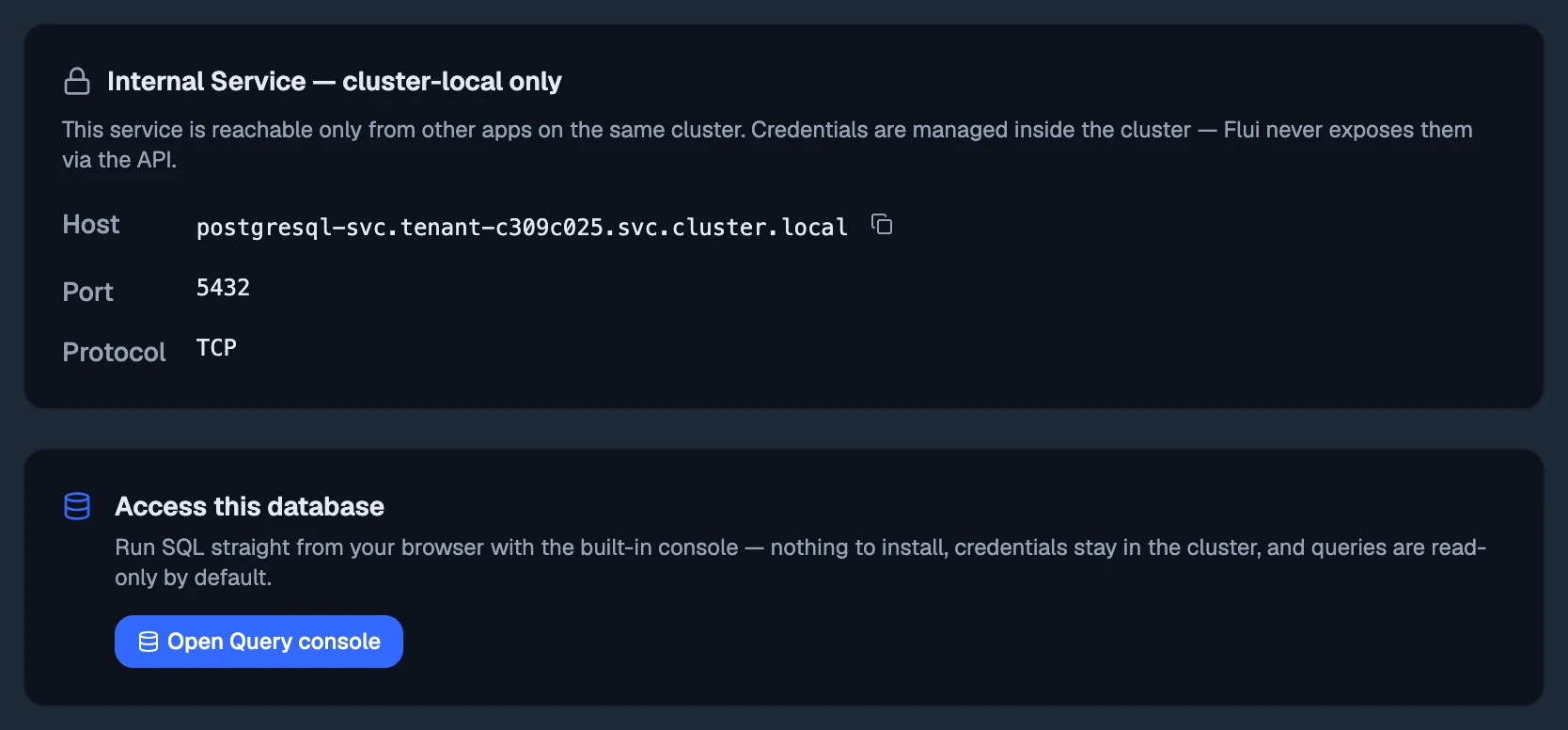 A database's Access tab: the in-cluster address and the button that opens the console.