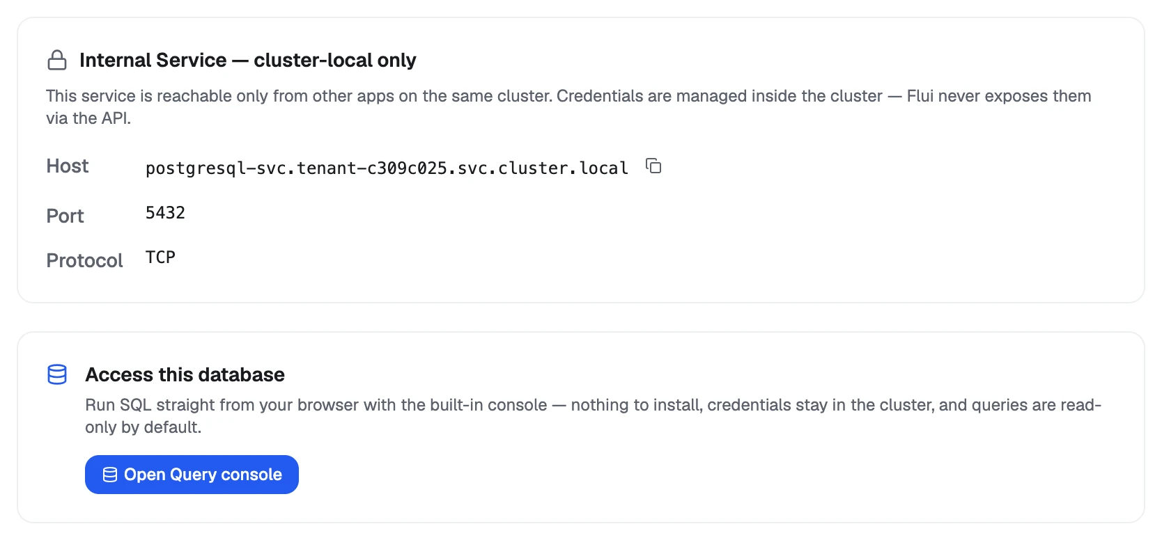 A database's Access tab: the in-cluster address and the button that opens the console.