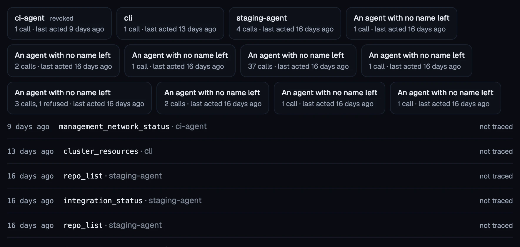 The register: each call an agent made, newest first, with what let it through.