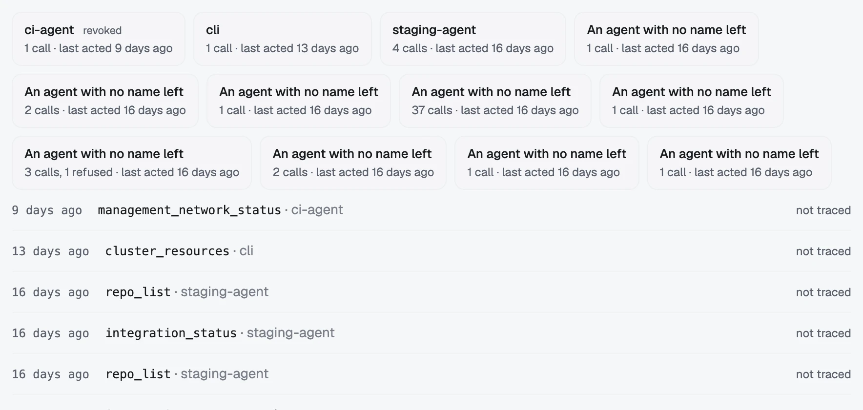 The register: each call an agent made, newest first, with what let it through.