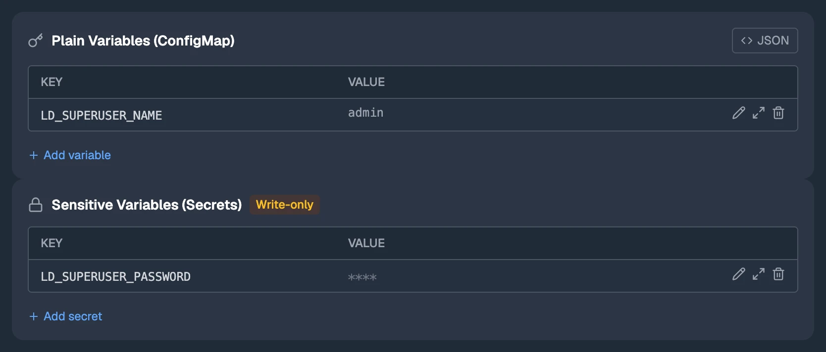 The Configuration tab: plain variables with their values, and sensitive ones that are write-only.