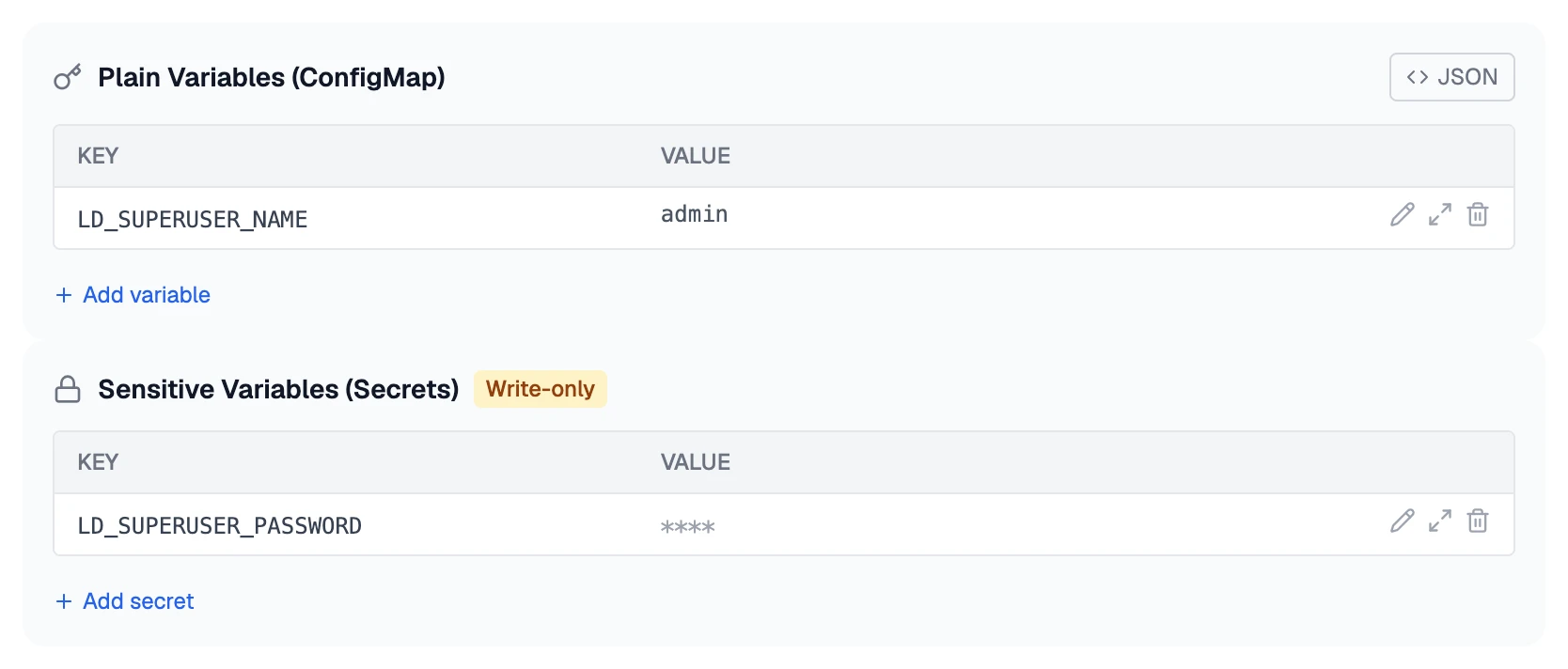 The Configuration tab: plain variables with their values, and sensitive ones that are write-only.
