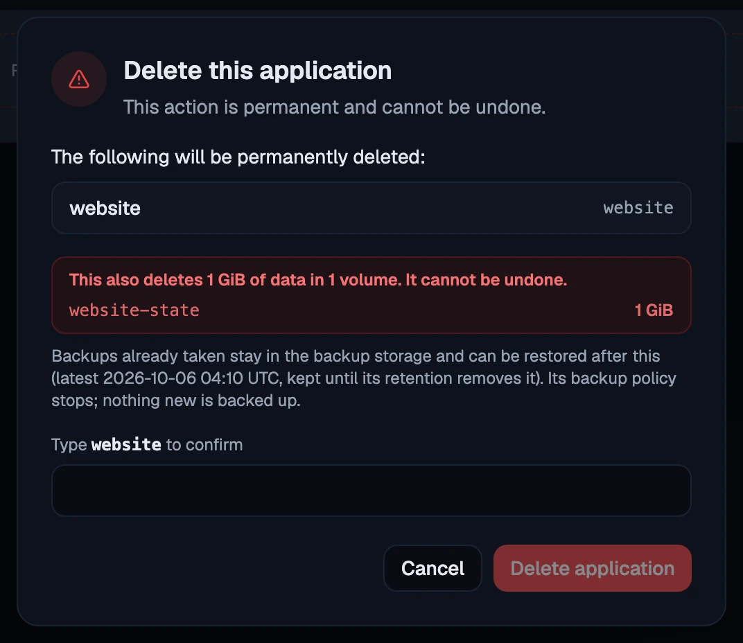 The delete dialog: what will be deleted, the data warning with each volume and its size, and the name to type.