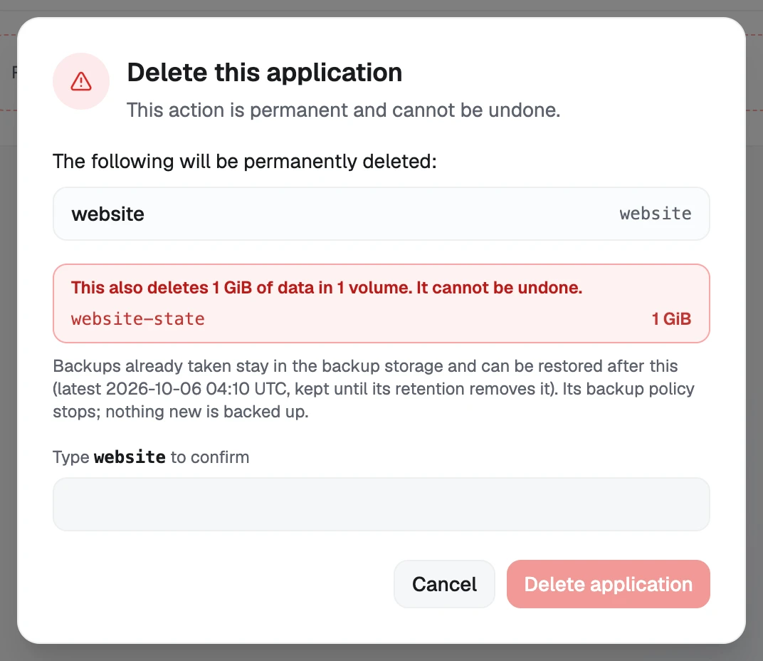 The delete dialog: what will be deleted, the data warning with each volume and its size, and the name to type.