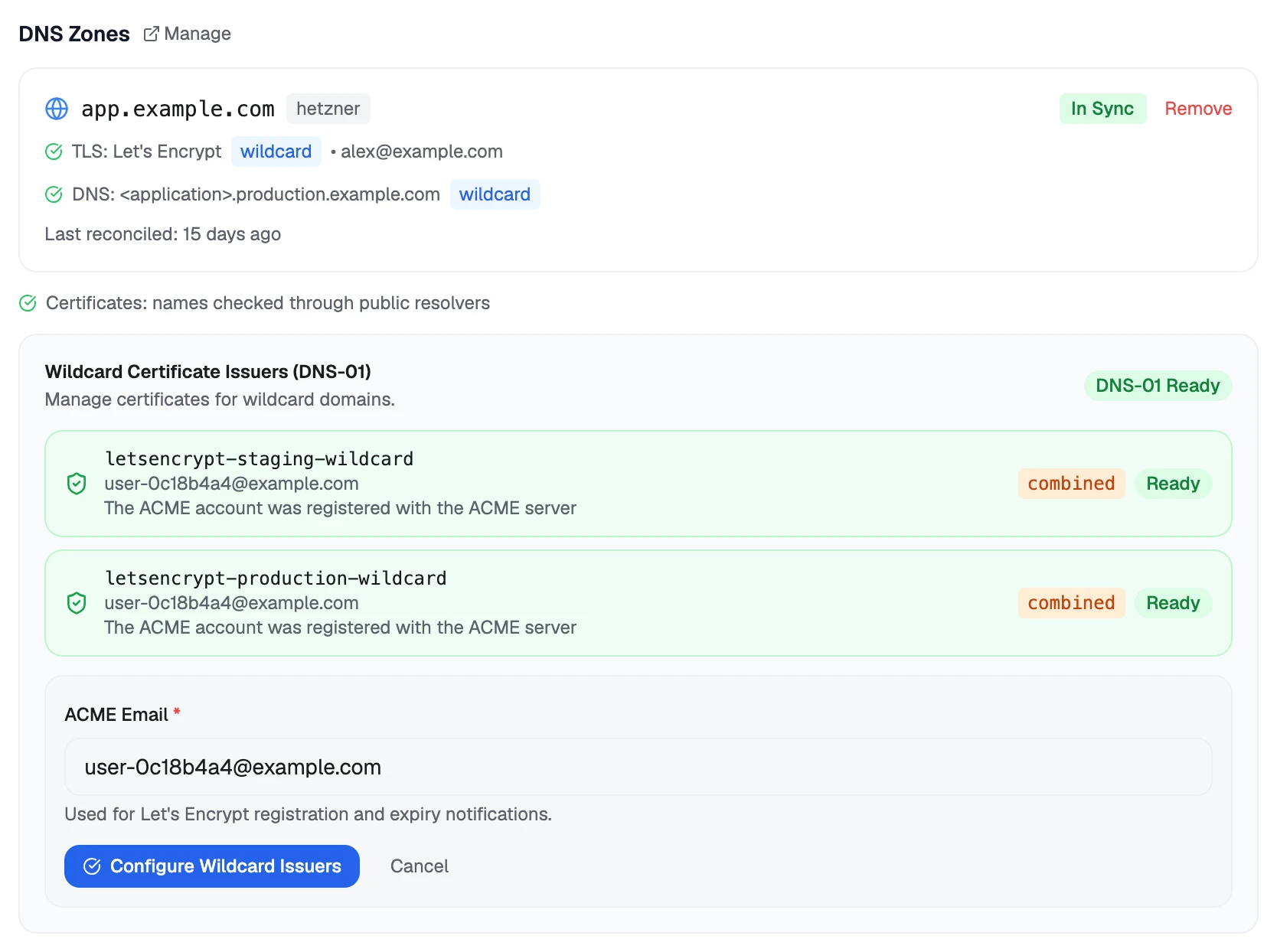 A cluster's DNS tab: the assigned zone, its certificate and DNS state, and the wildcard certificate issuers.