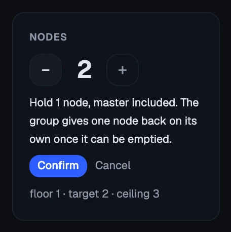 The Nodes tile after pressing −: the lower floor, with Confirm or Cancel.