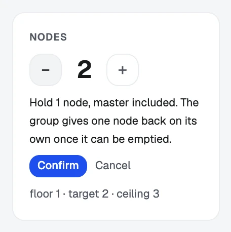 The Nodes tile after pressing −: the lower floor, with Confirm or Cancel.