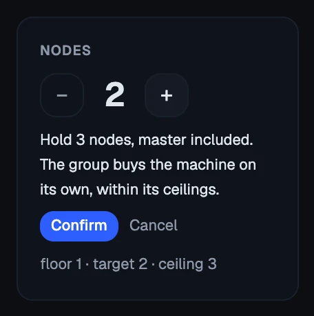 The Nodes tile after pressing +: the new floor, with Confirm or Cancel.