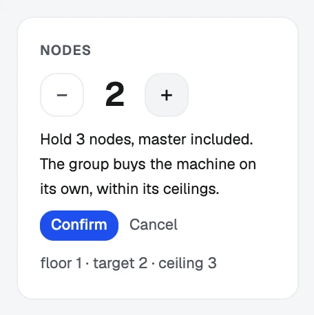 The Nodes tile after pressing +: the new floor, with Confirm or Cancel.