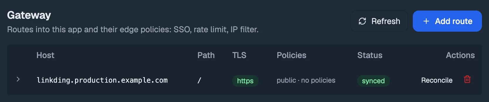 The Gateway tab: each route with its host, path, TLS, policies and status.