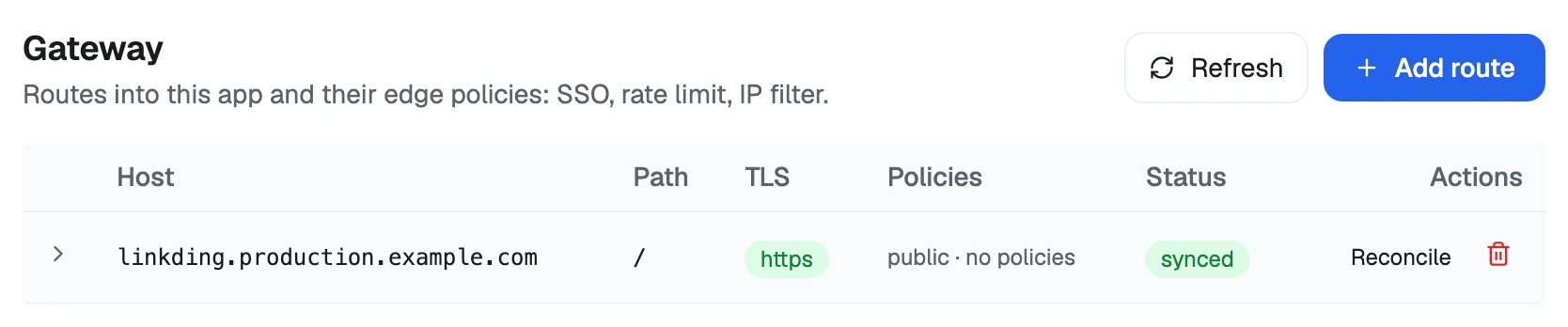 The Gateway tab: each route with its host, path, TLS, policies and status.