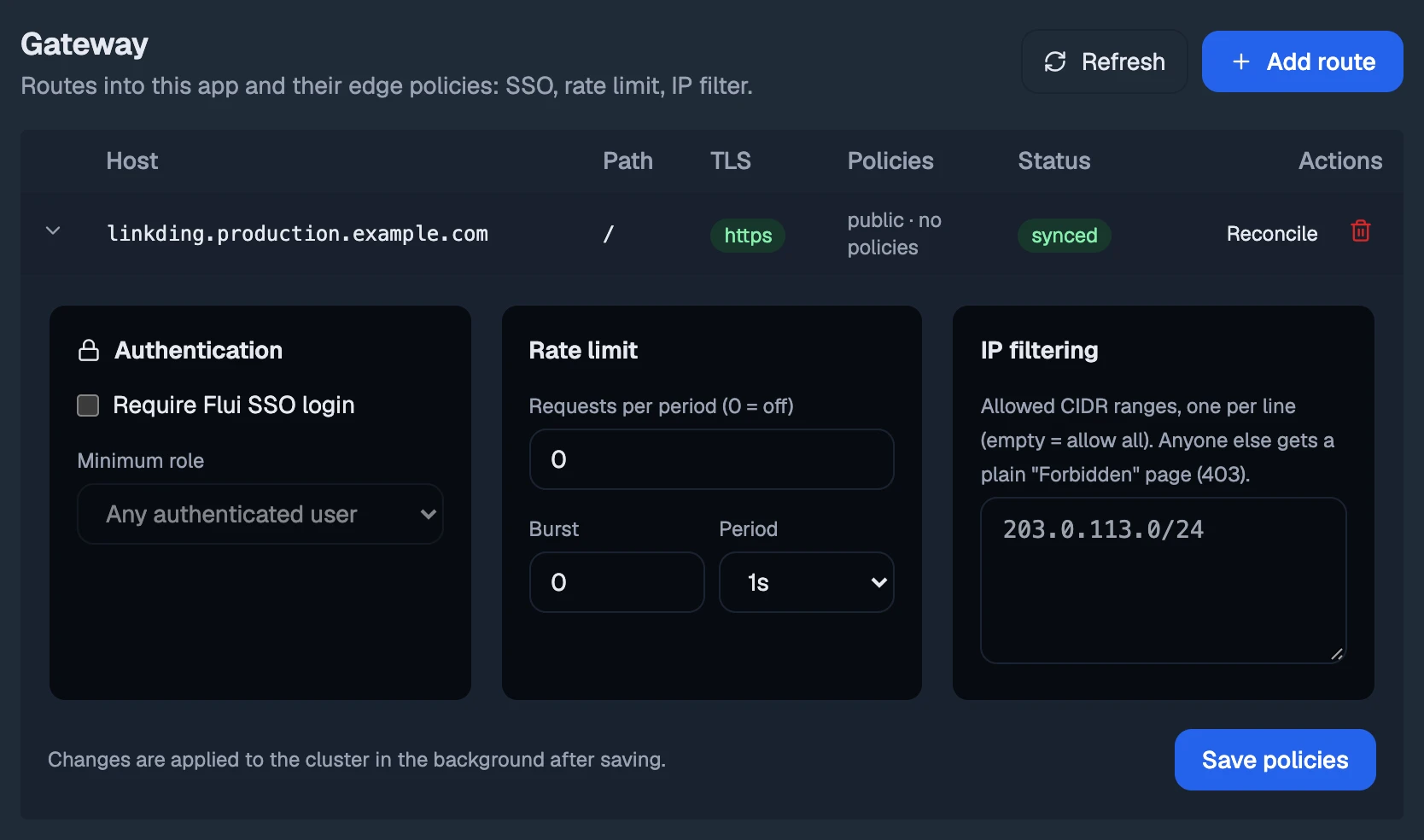A route expanded: Authentication, Rate limit and IP filtering, saved together.