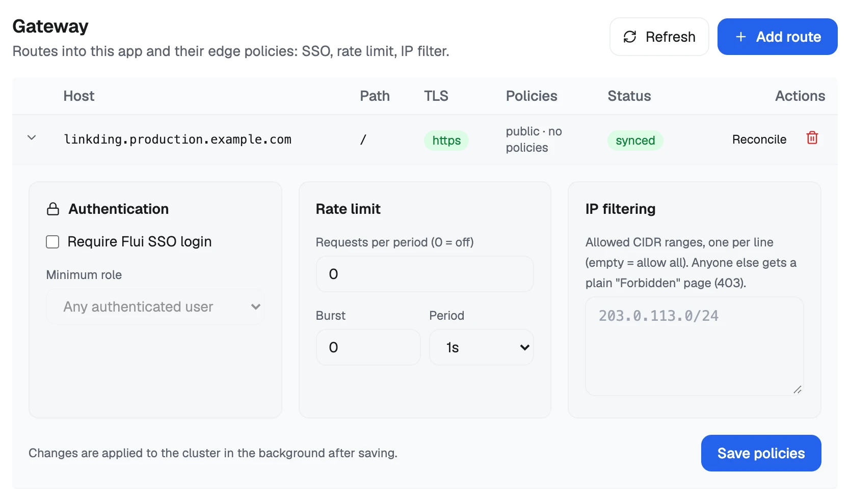 A route expanded: Authentication, Rate limit and IP filtering, saved together.