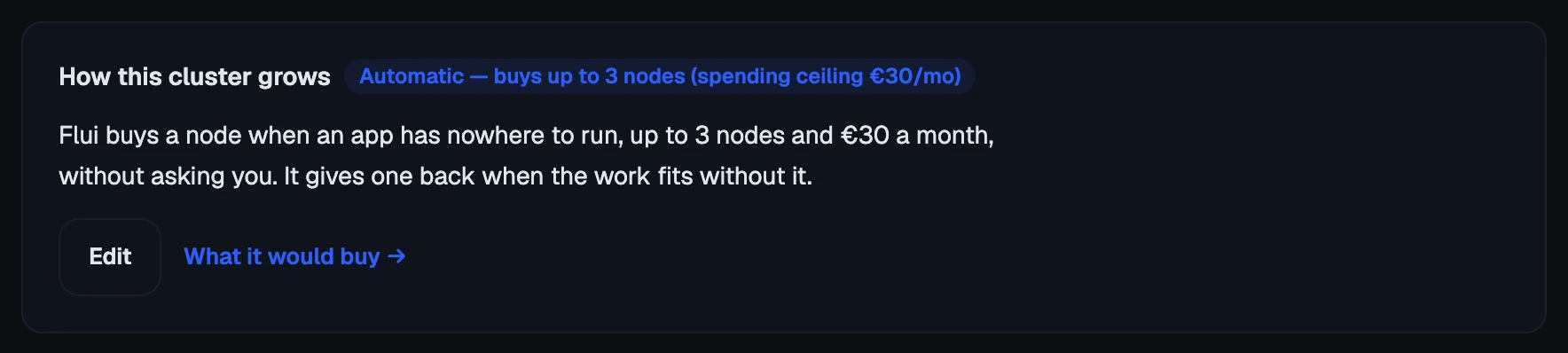 How this cluster grows, on the cluster's Scaling tab: one sentence derived from its groups.