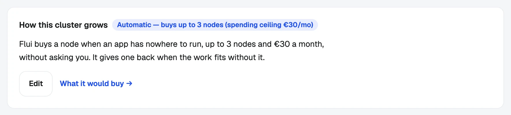 How this cluster grows, on the cluster's Scaling tab: one sentence derived from its groups.