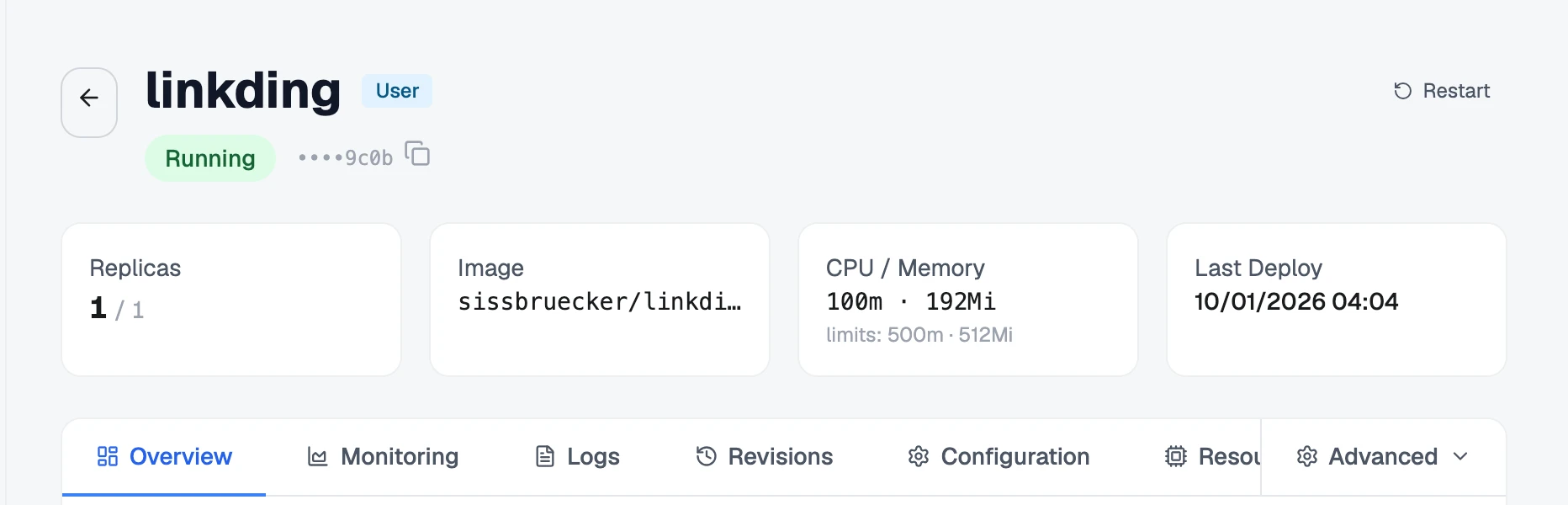 An application's header: its state, the summary tiles, Restart, and the row of tabs.