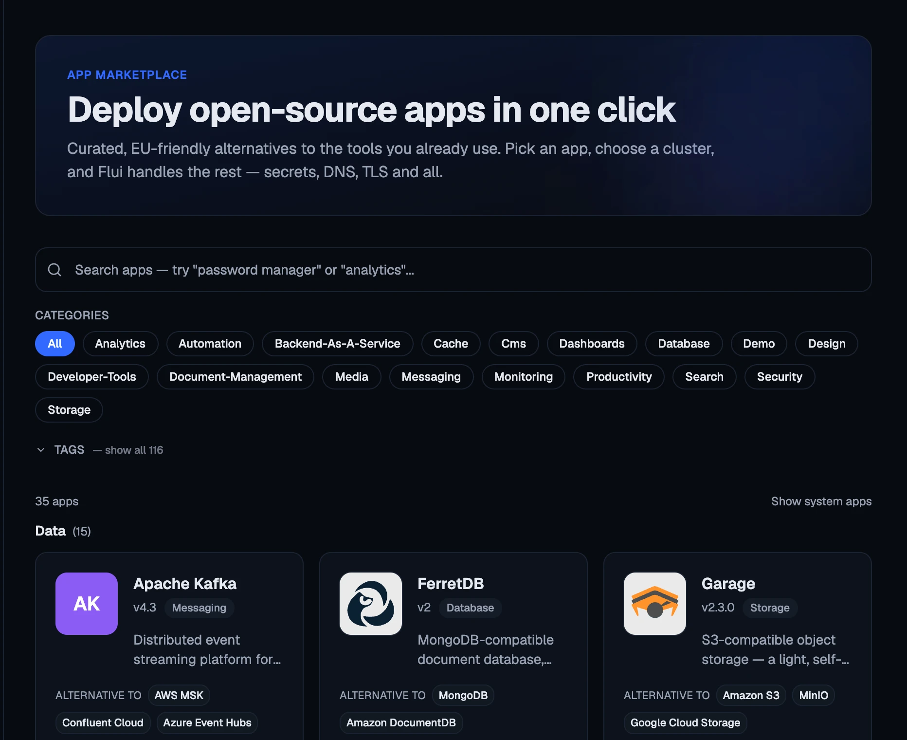 The App Catalog: search, categories, and entries as cards.