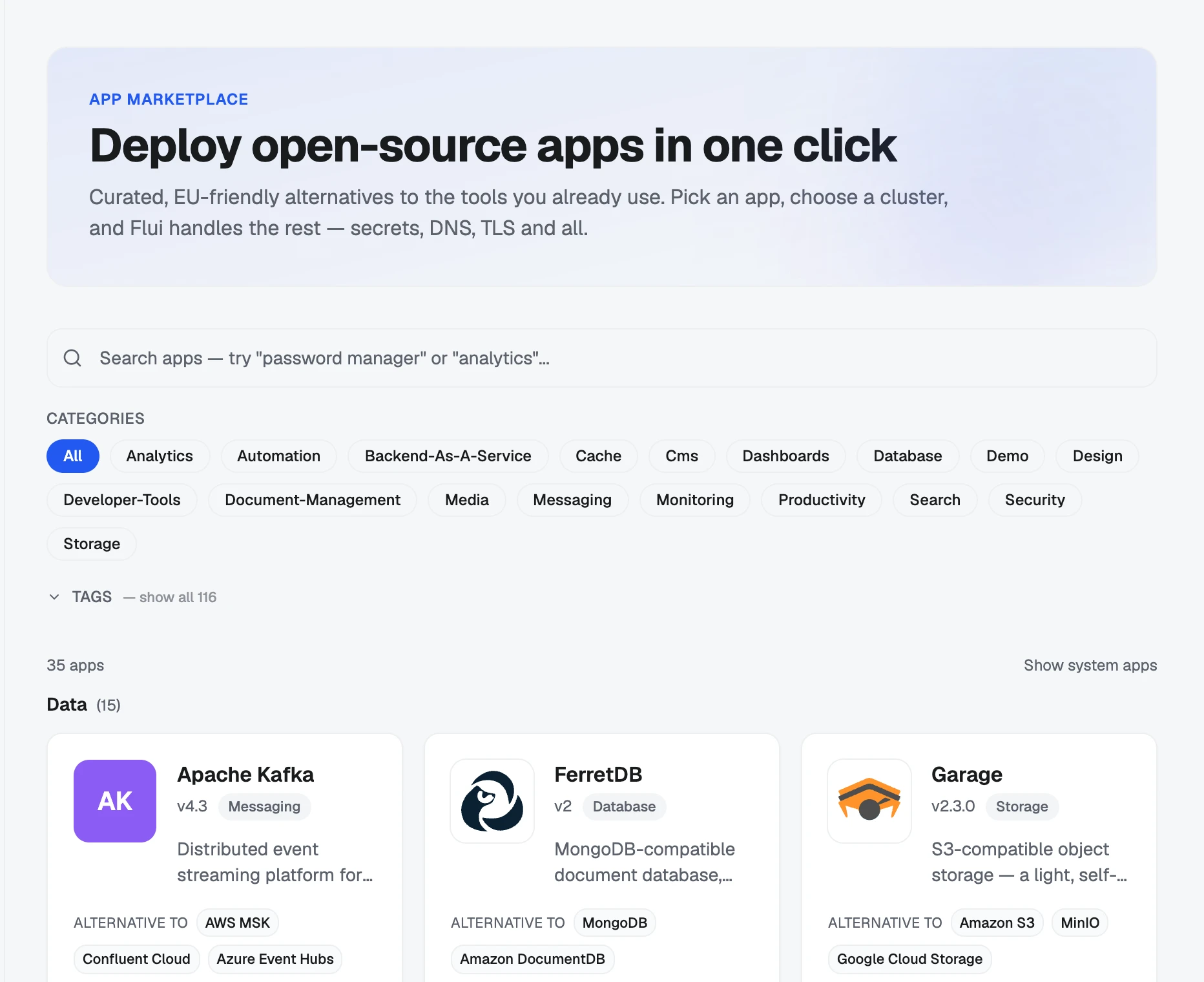 The App Catalog: search, categories, and entries as cards.
