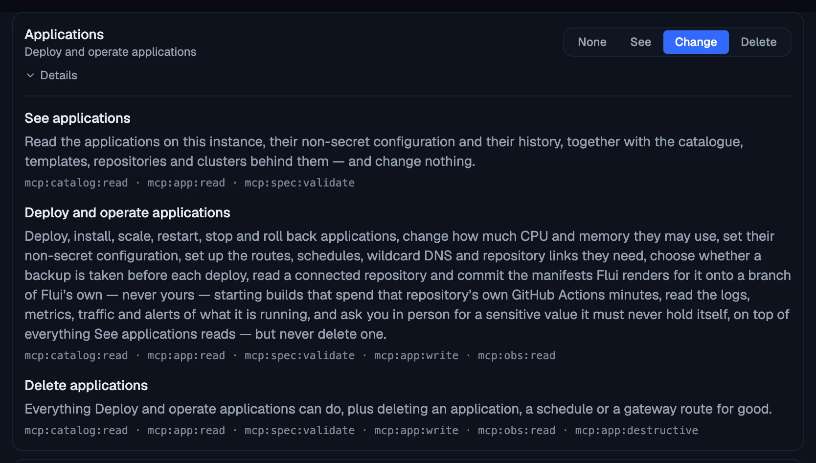 Details open on the Applications row: each level's sentence and the scopes it carries.