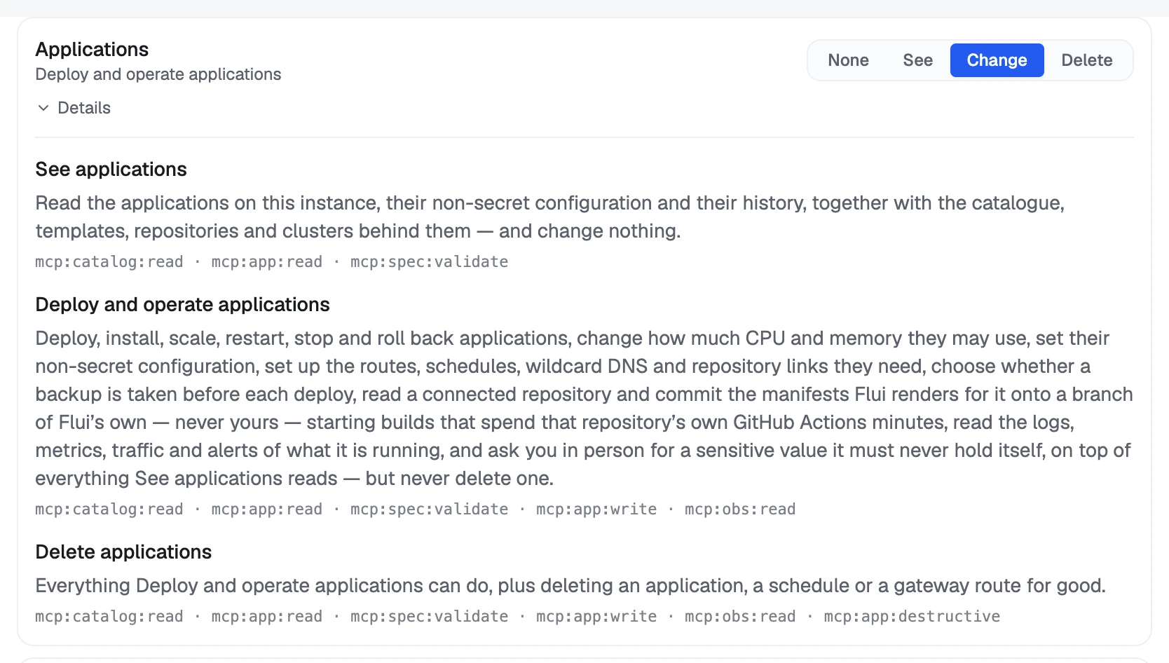Details open on the Applications row: each level's sentence and the scopes it carries.
