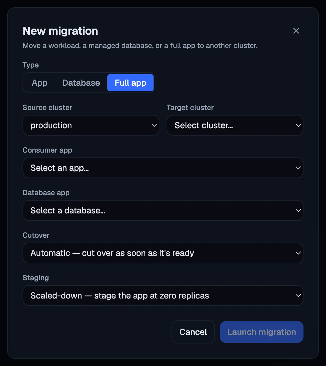 The New migration form for a full app: source and target clusters, the app and database to move, cutover and staging.