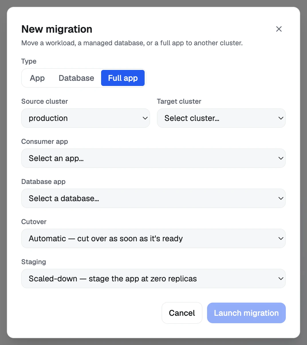 The New migration form for a full app: source and target clusters, the app and database to move, cutover and staging.