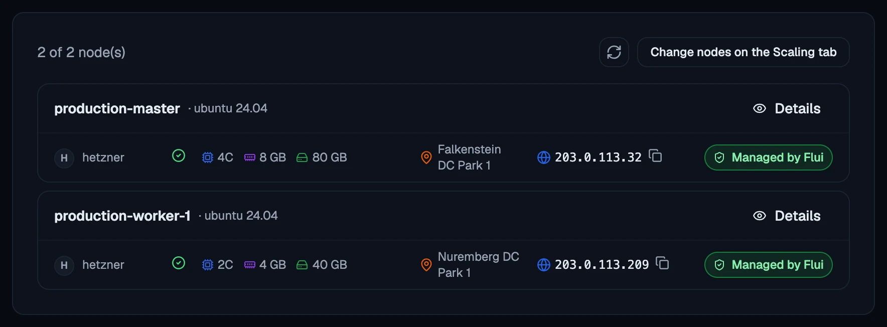 The Nodes tab: each node with its size, location and address.