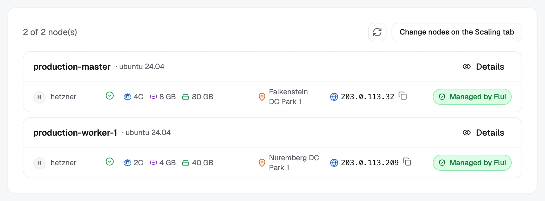 The Nodes tab: each node with its size, location and address.