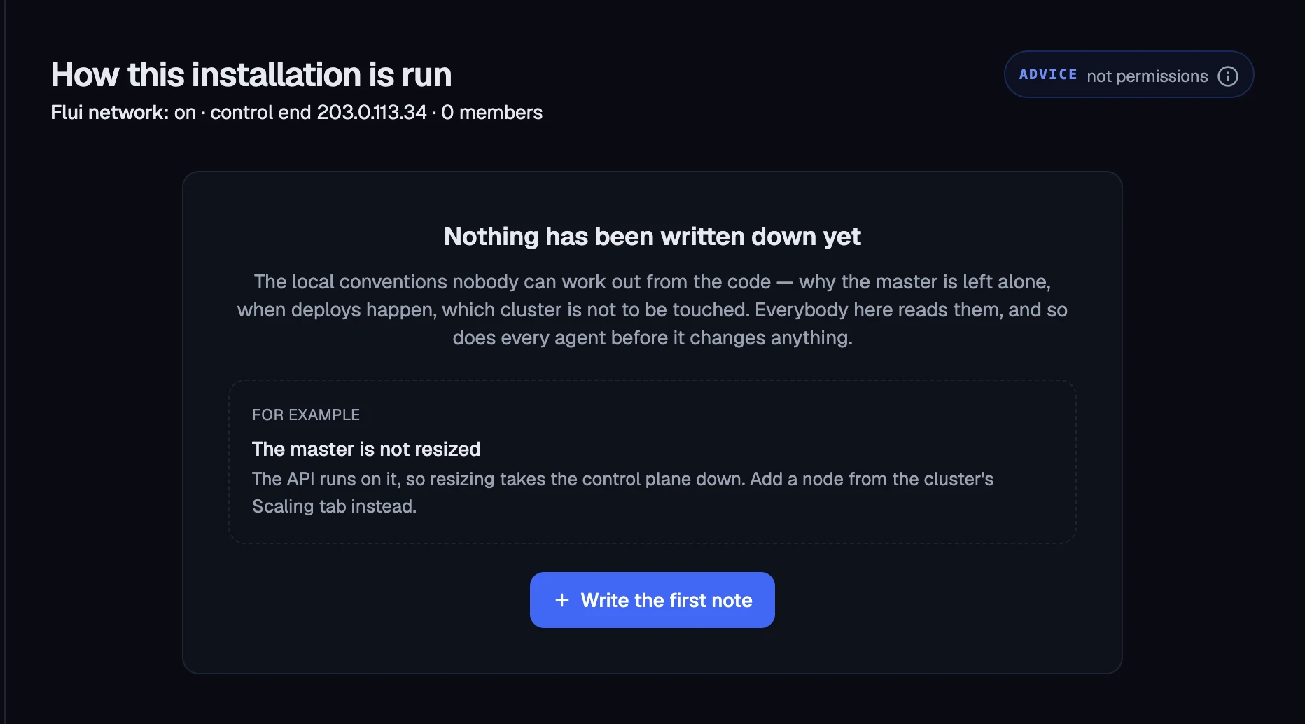 How this installation is run, before any note: the ADVICE badge and the page explaining itself with an example.