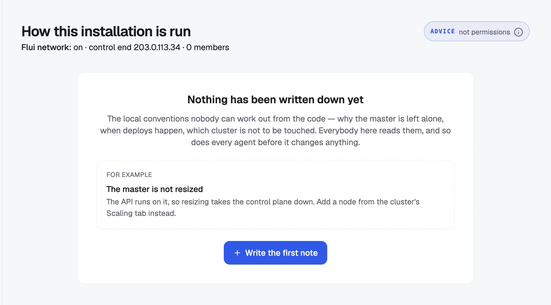 How this installation is run, before any note: the ADVICE badge and the page explaining itself with an example.