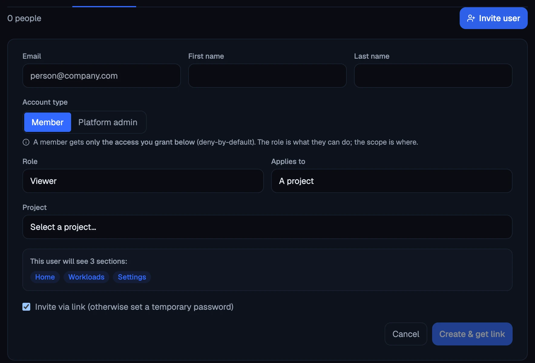 Invite user on the People tab: the account, its first grant, and the sections the person will see.