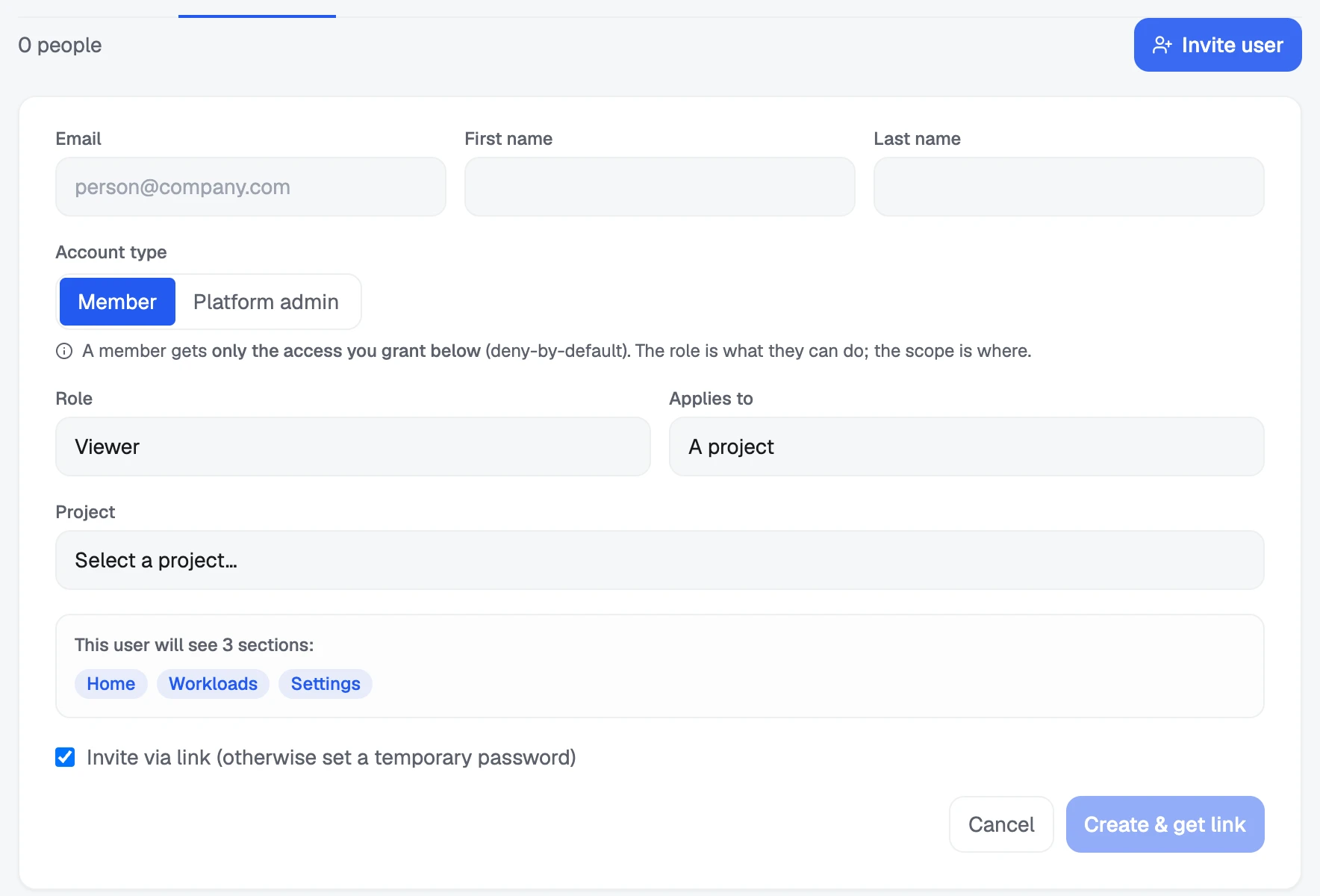 Invite user on the People tab: the account, its first grant, and the sections the person will see.