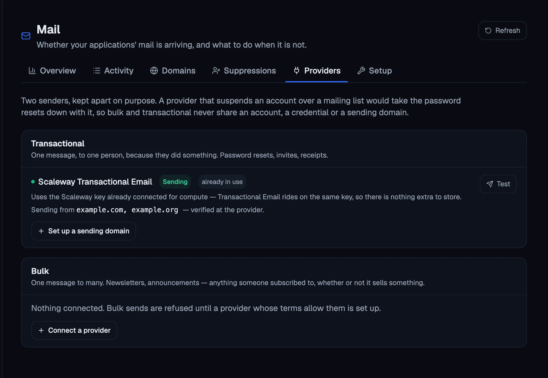 Mail → Providers: the transactional and bulk slots, each with what carries that kind of mail.