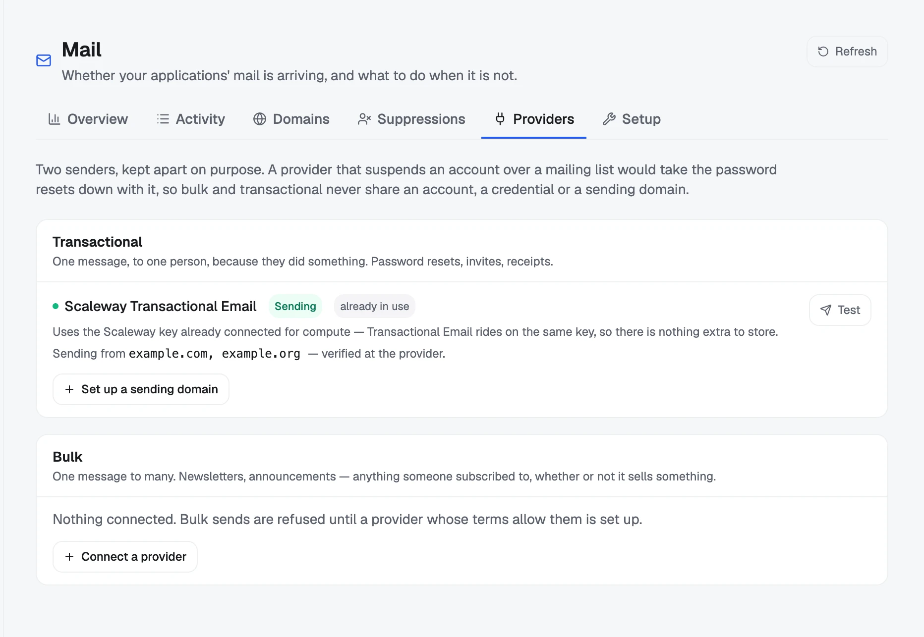Mail → Providers: the transactional and bulk slots, each with what carries that kind of mail.