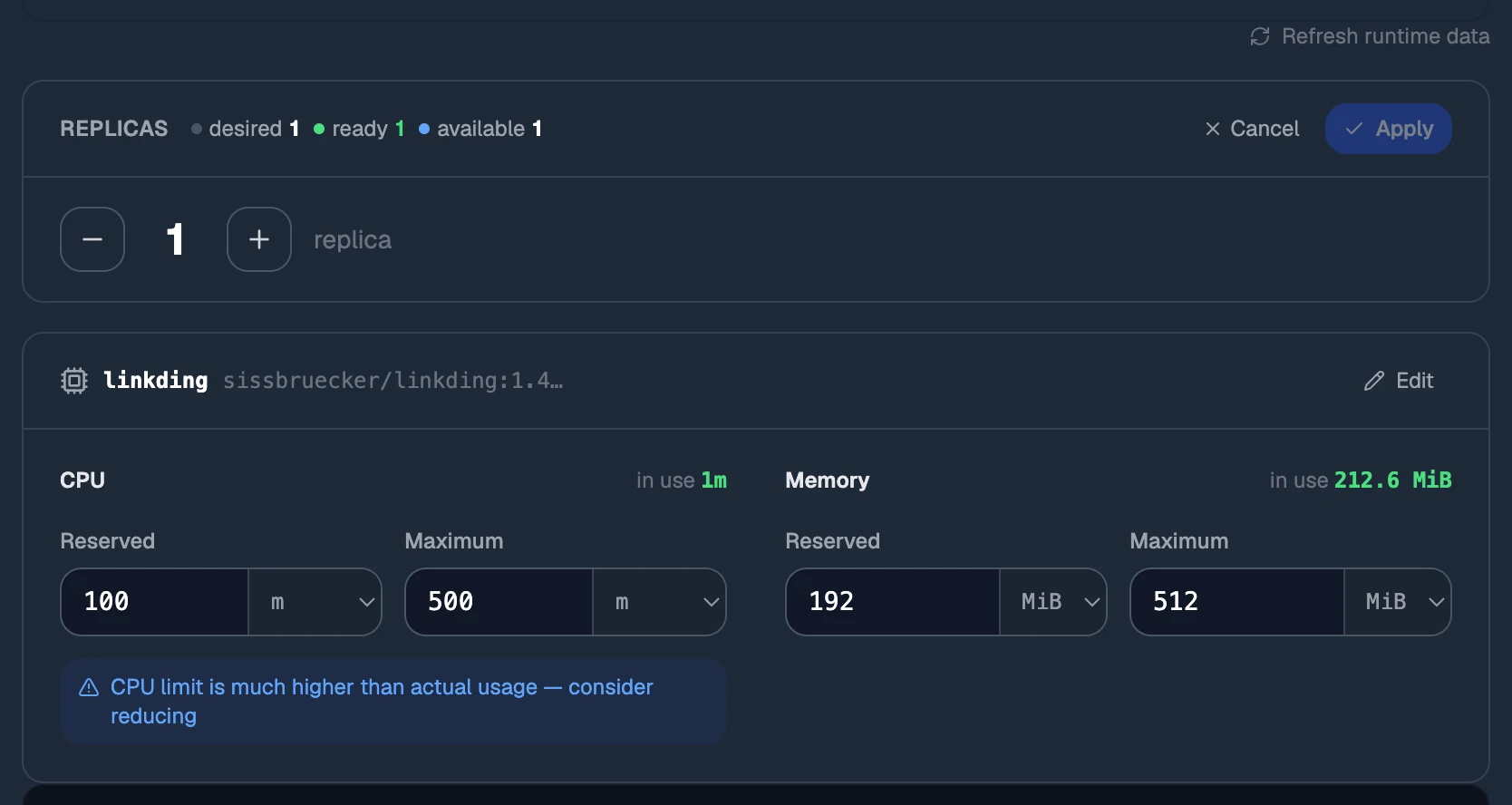 The Resources tab after Edit: the instance stepper, and reserved and maximum CPU and memory.