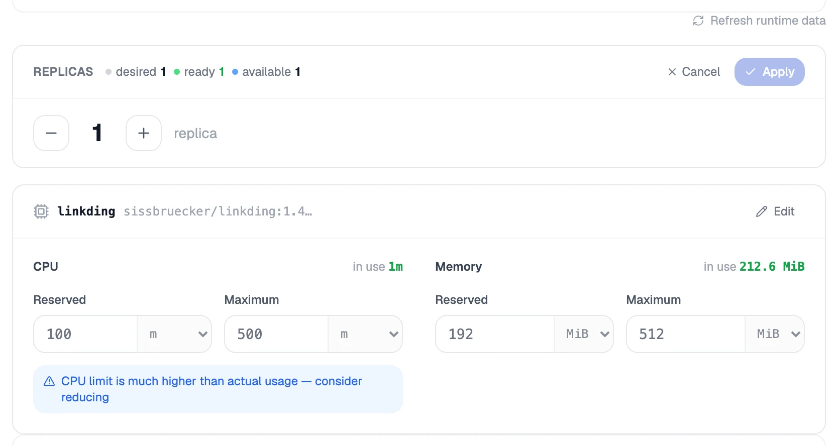 The Resources tab after Edit: the instance stepper, and reserved and maximum CPU and memory.