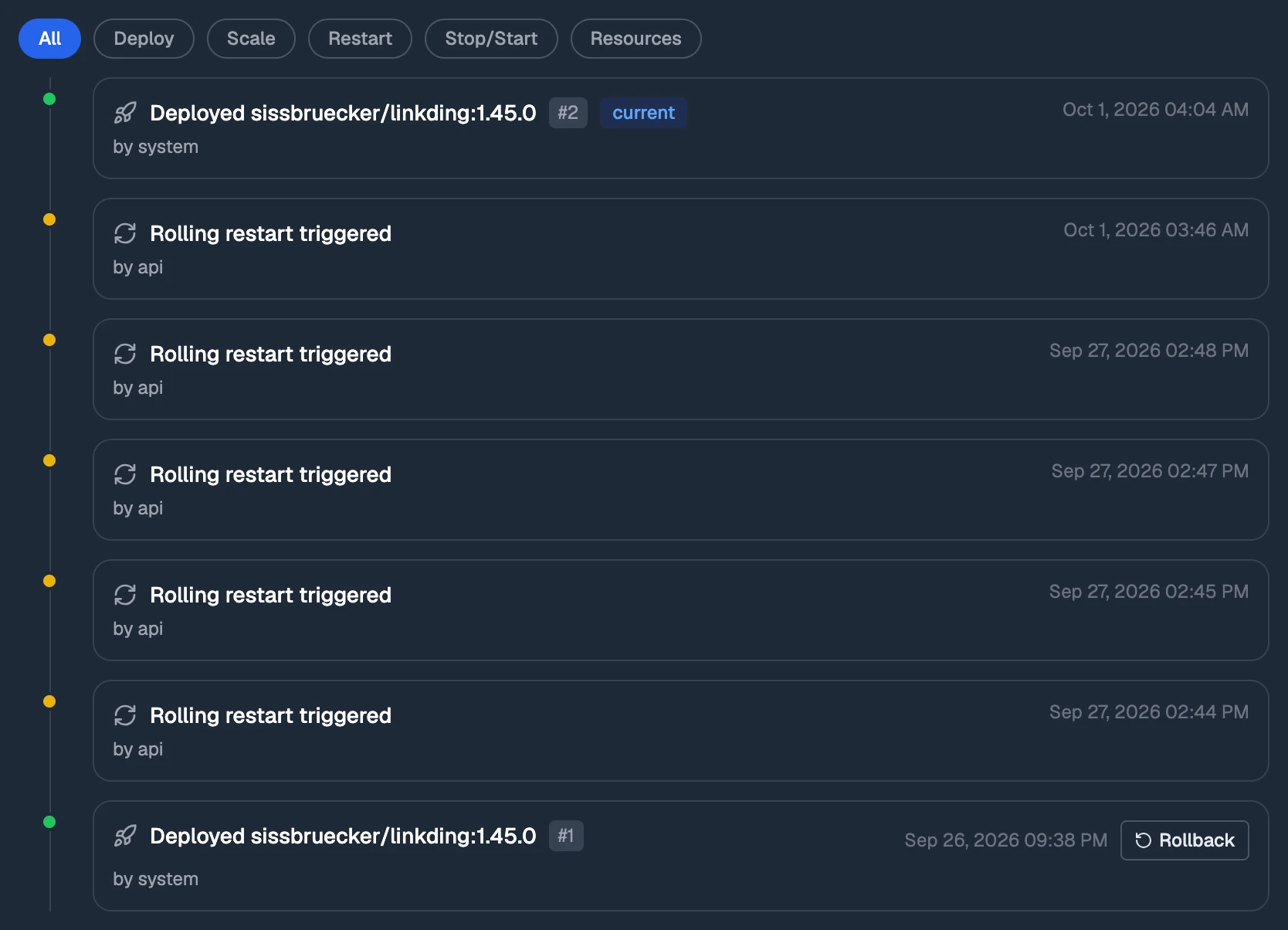 The Revisions tab: deploys and restarts in order, with Rollback on an earlier deploy.