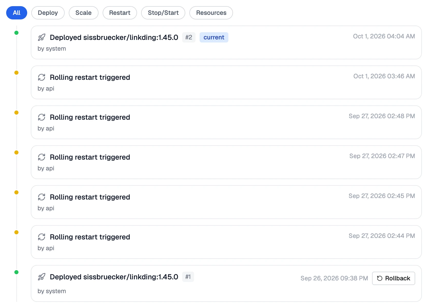 The Revisions tab: deploys and restarts in order, with Rollback on an earlier deploy.