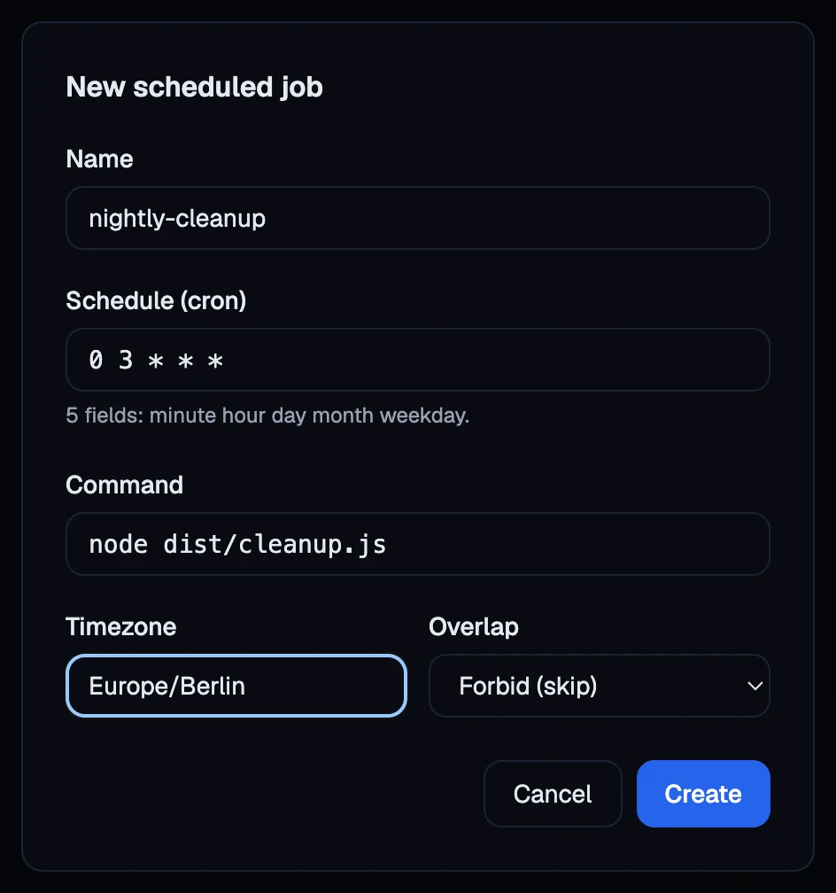 A new scheduled job, filled in and not yet created: name, cron schedule, command, timezone and overlap.