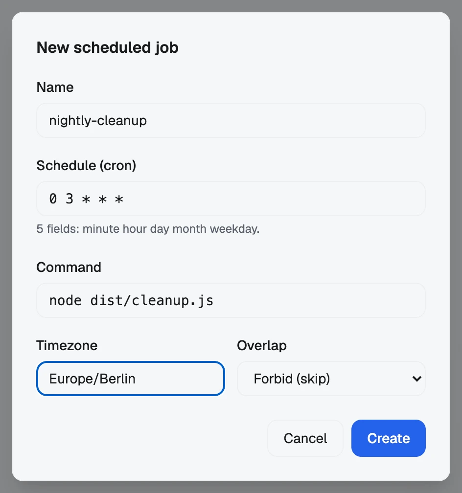 A new scheduled job, filled in and not yet created: name, cron schedule, command, timezone and overlap.
