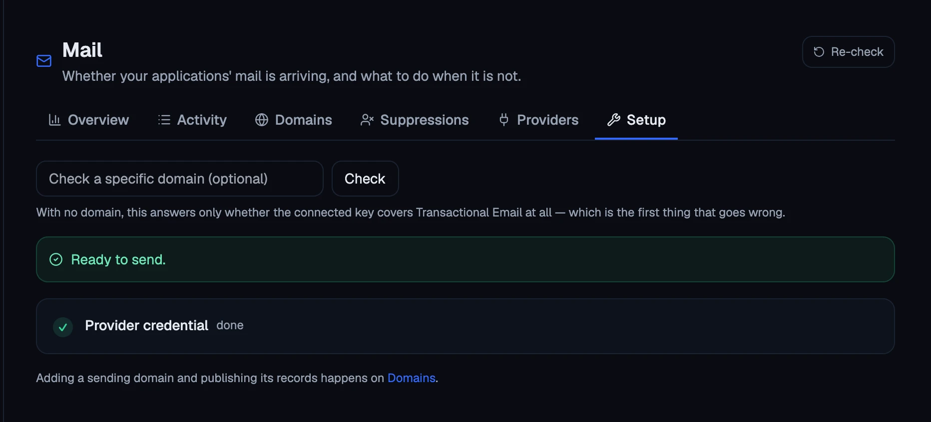 Mail → Setup: a field to check one domain, and the readiness steps.
