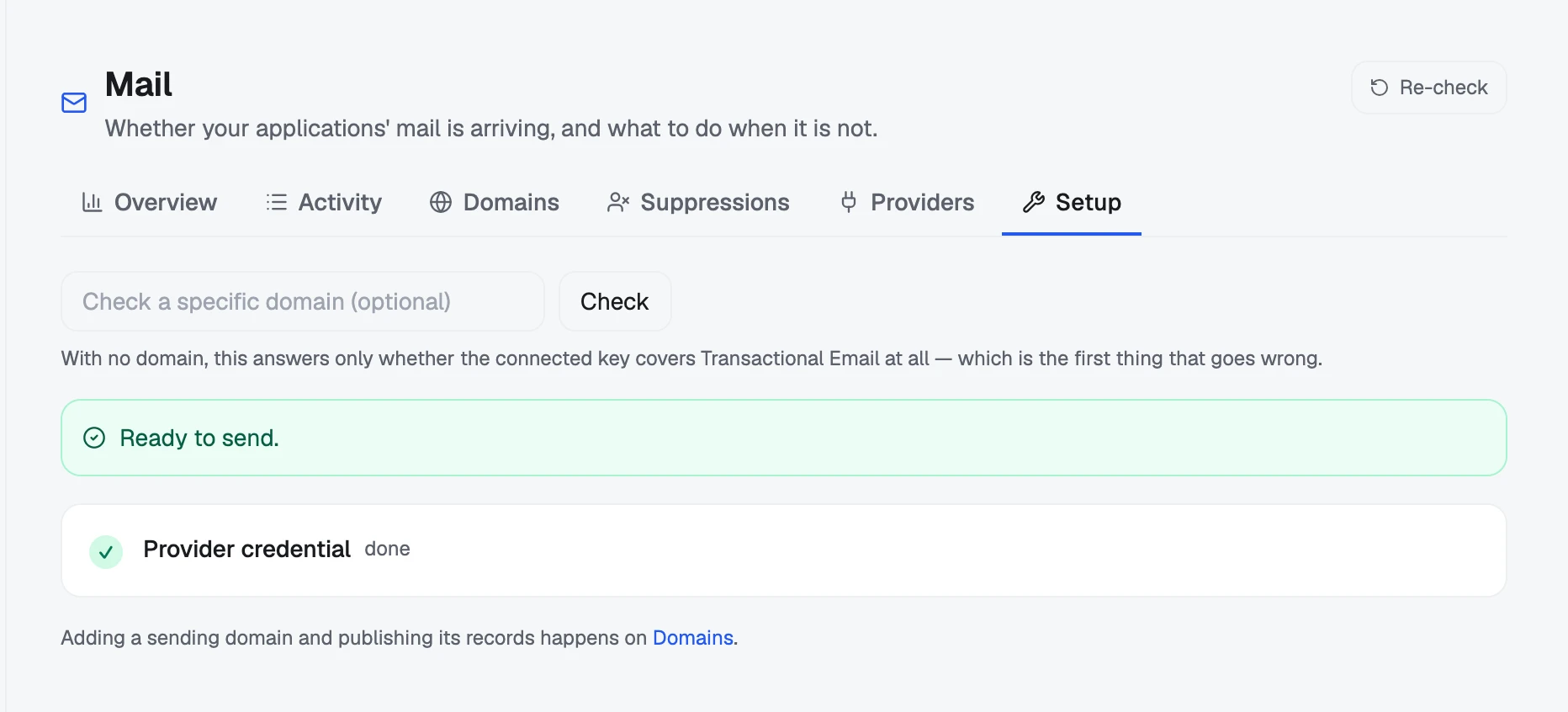 Mail → Setup: a field to check one domain, and the readiness steps.