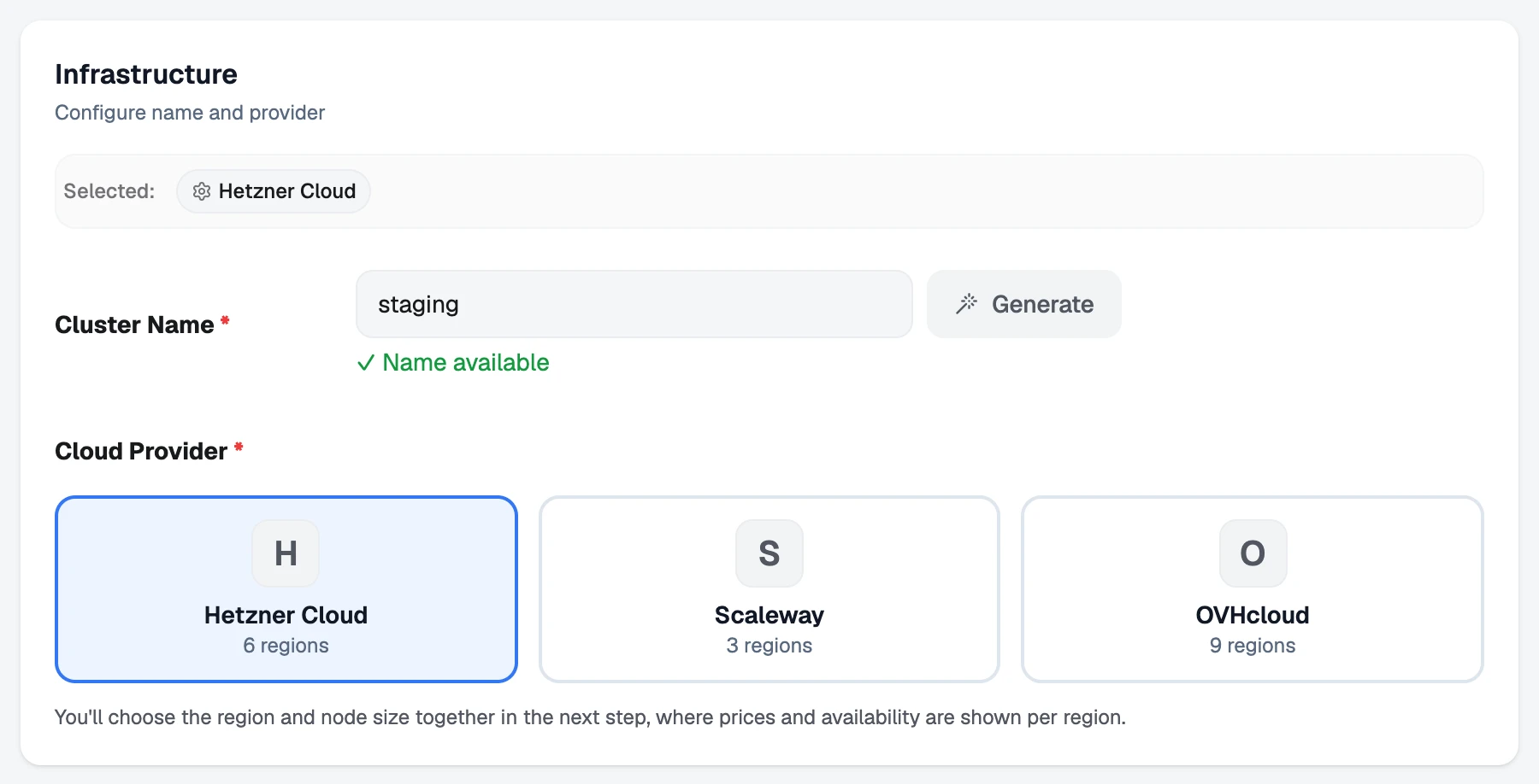 The Infrastructure step: a cluster name and a choice of provider.
