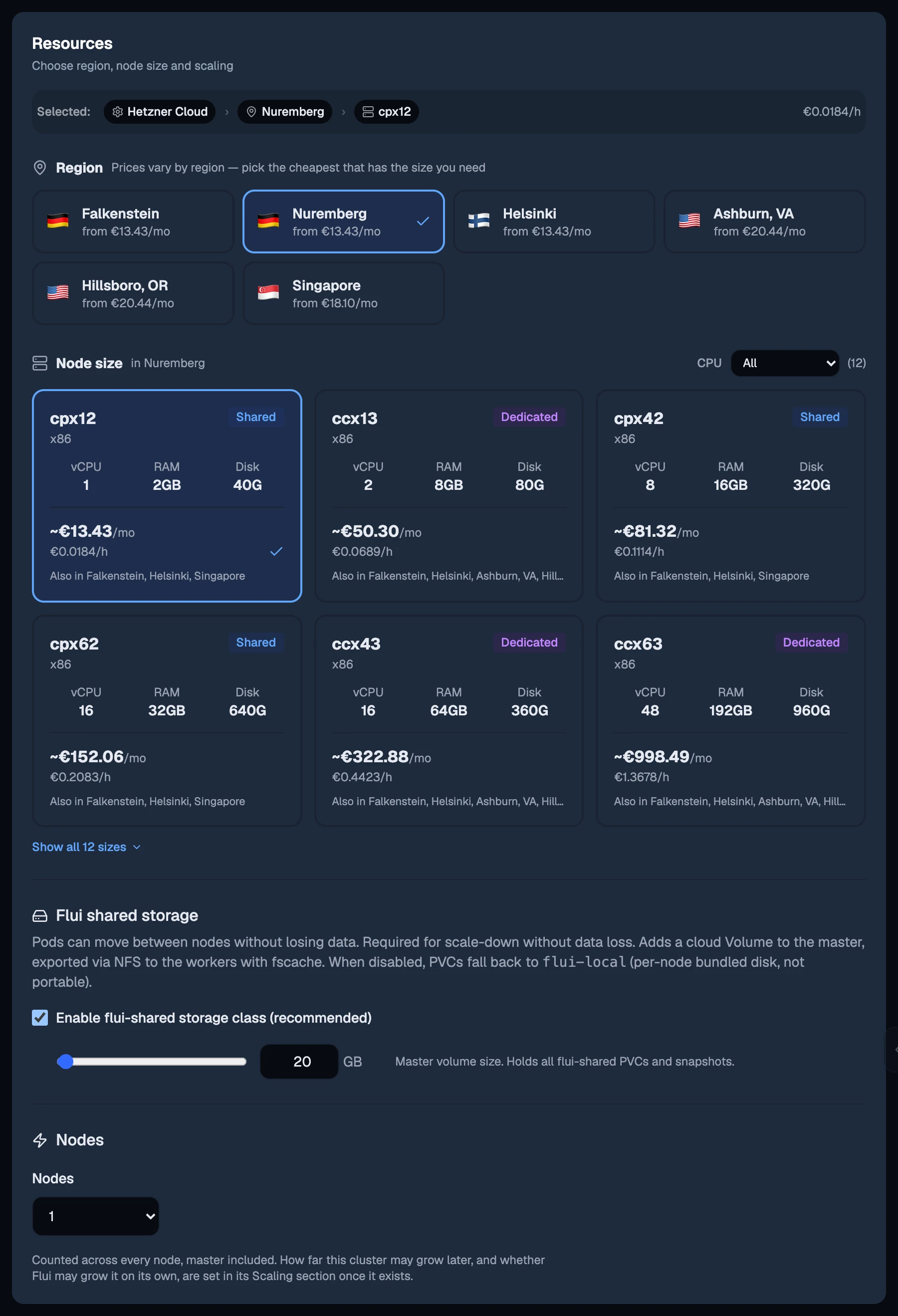The Resources step: regions with prices, node sizes, shared storage and the number of nodes.