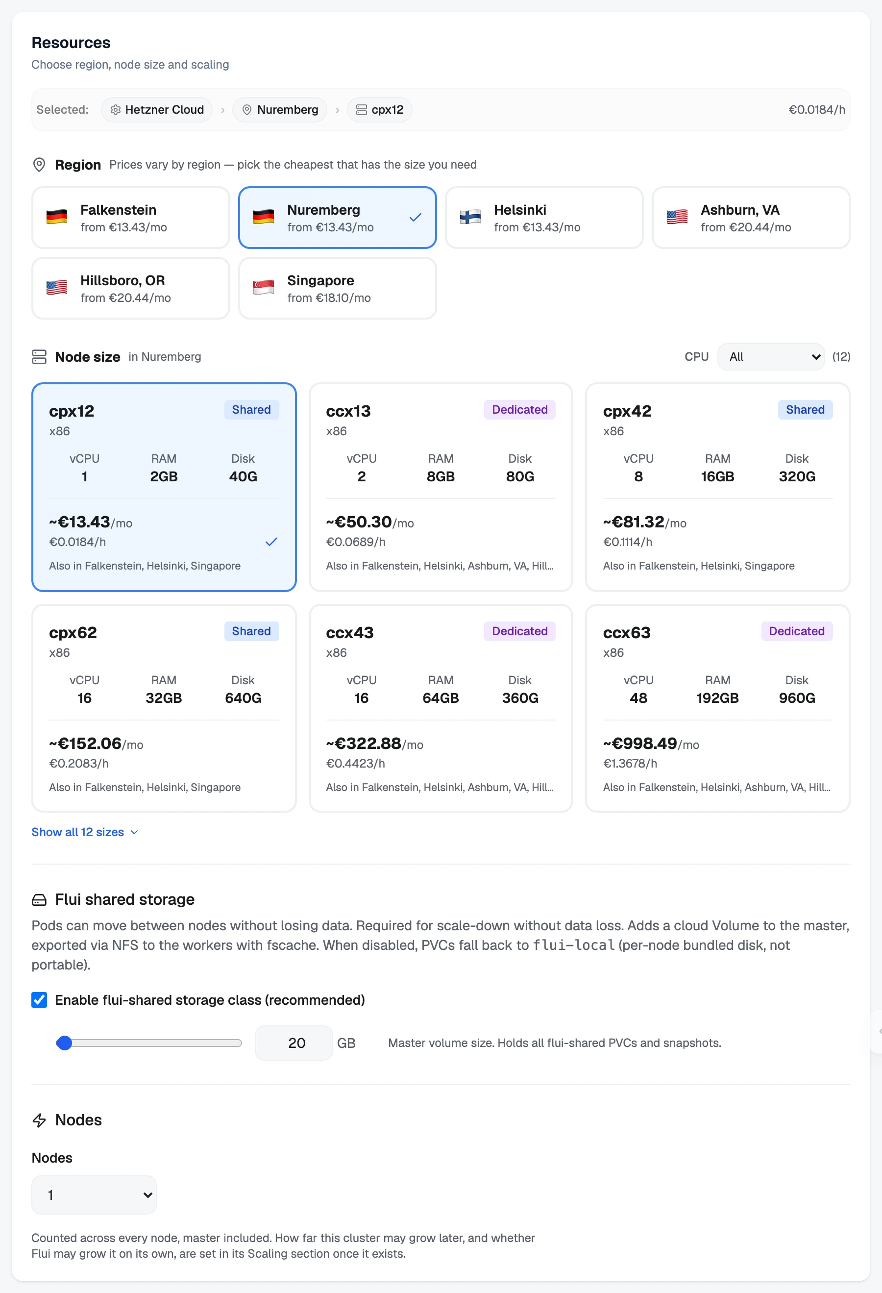 The Resources step: regions with prices, node sizes, shared storage and the number of nodes.