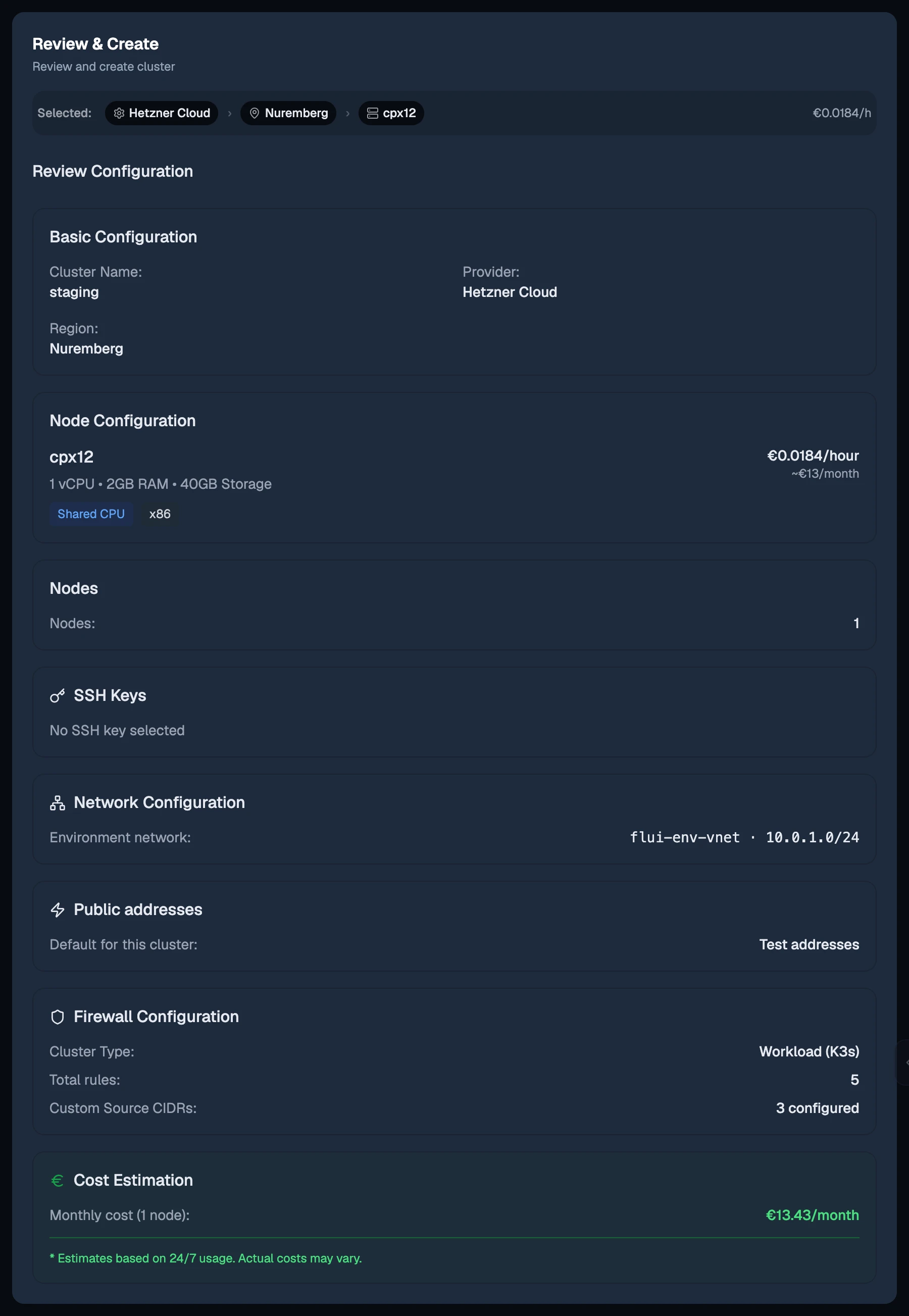 The Review and Create step: the summary and the monthly cost estimate.