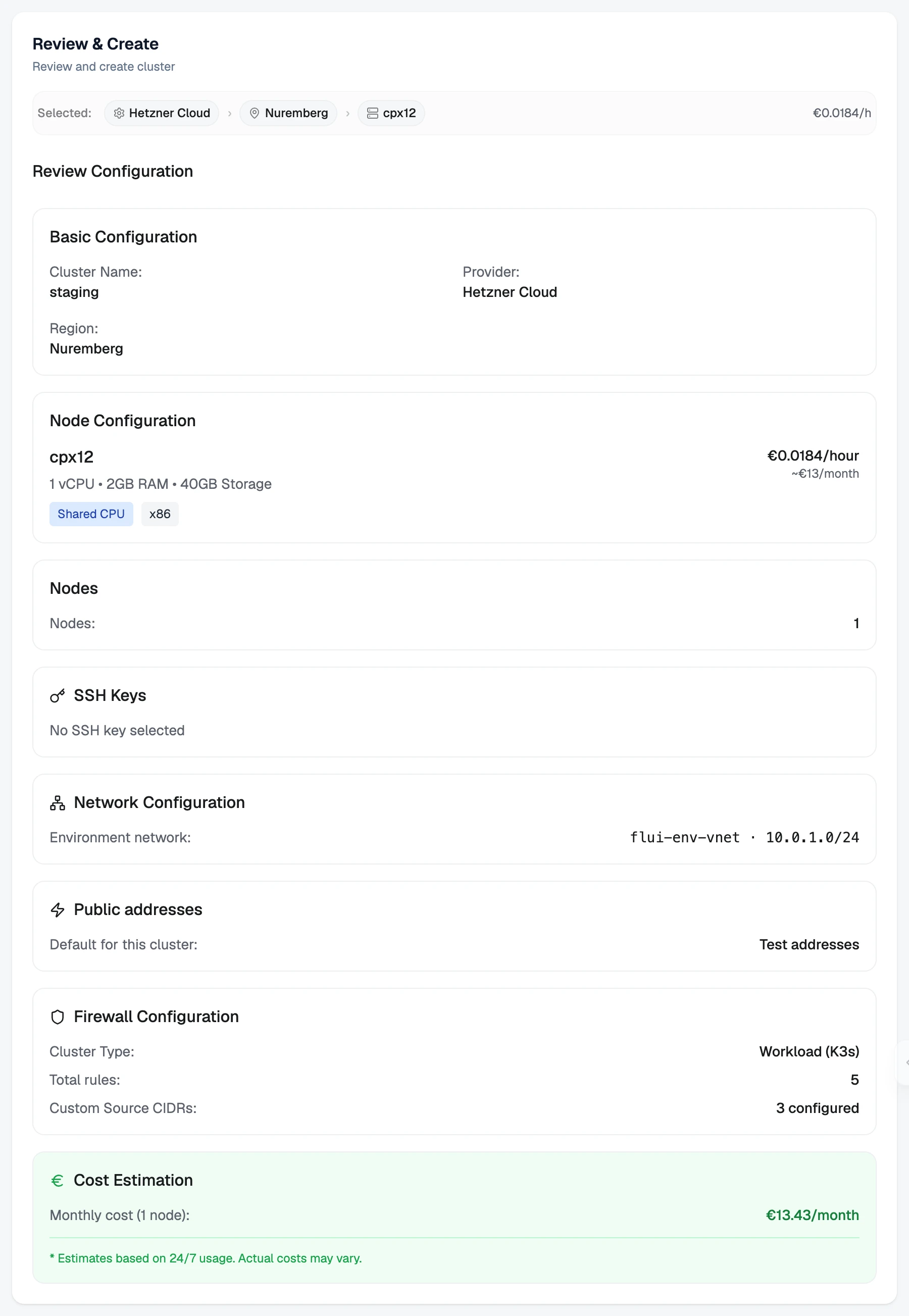 The Review and Create step: the summary and the monthly cost estimate.