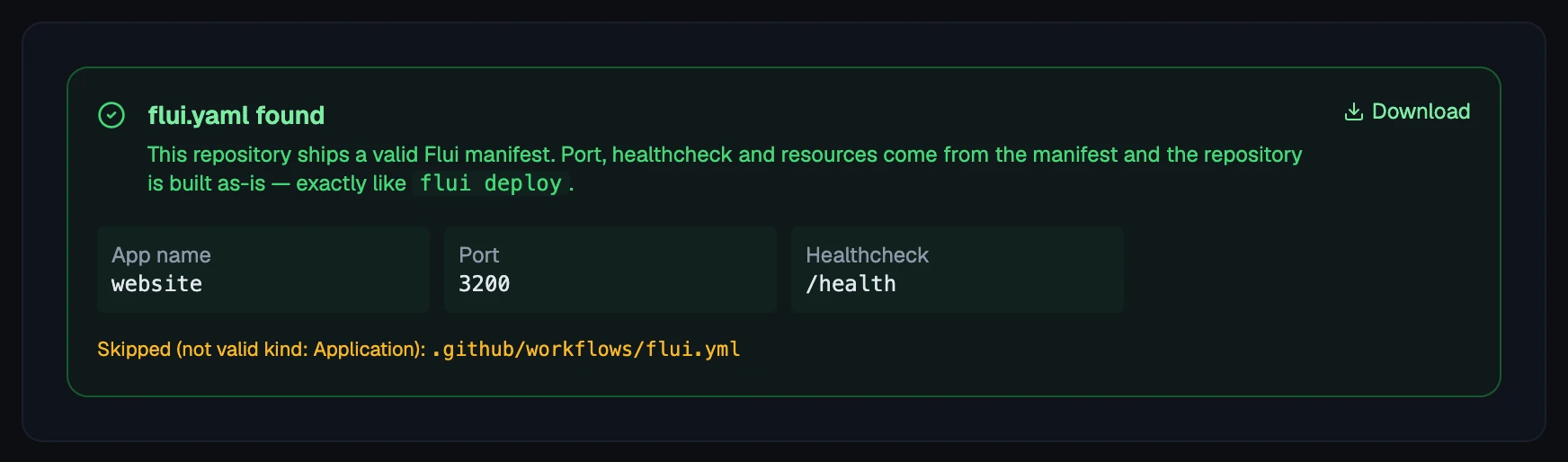The Analysis step when the manifest is found: app name, port and healthcheck read from flui.yaml.