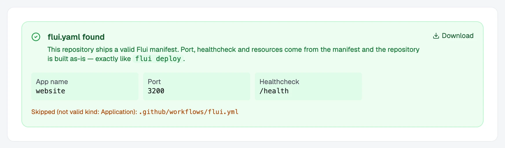 The Analysis step when the manifest is found: app name, port and healthcheck read from flui.yaml.