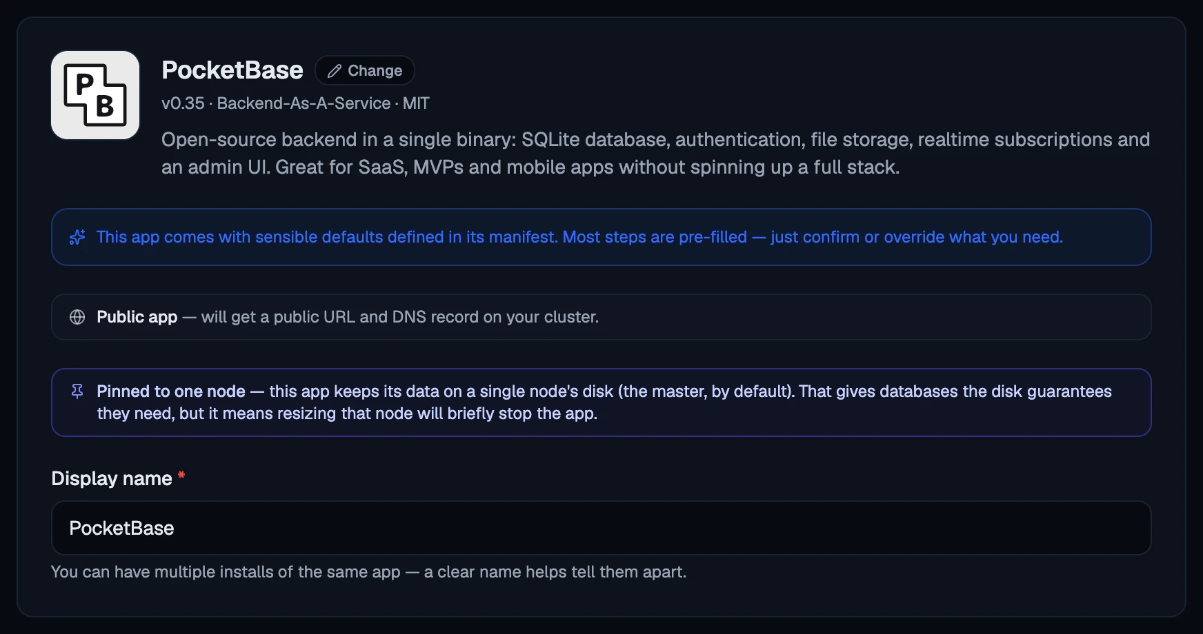 The App step: the entry chosen, the display name, and what kind of app it is.